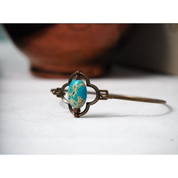 African Opal Jasper Bronze Bangle Bracelet - Picture 1 of 4